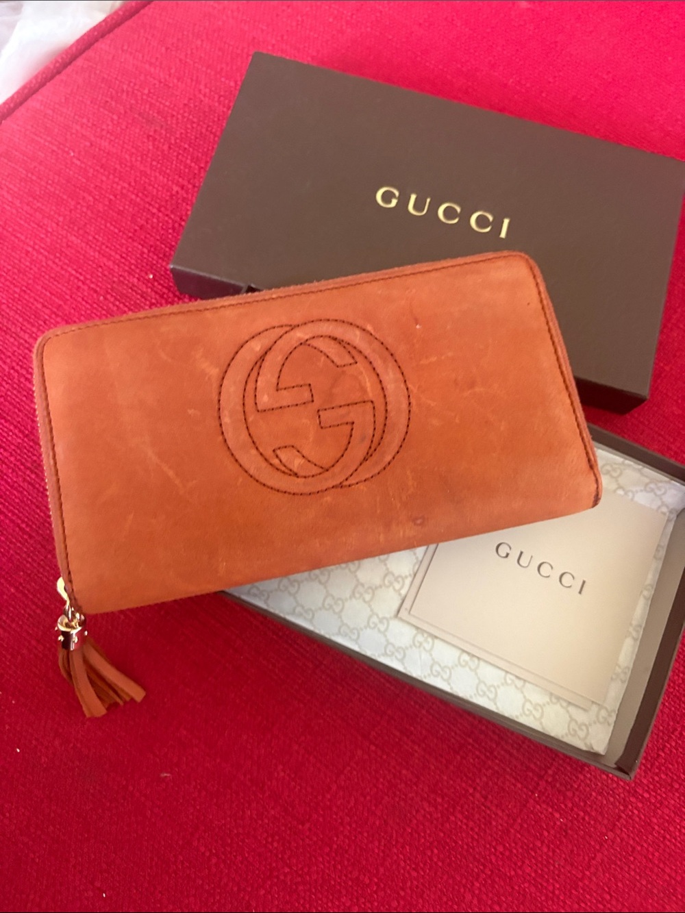Gucci Tan Leather Zip-Around Wallet with Tassel with COA
